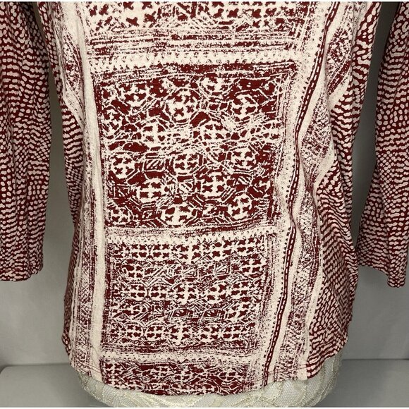 Lucky Brand Women's sz S Red Tan Print Boho Asymmetrical 3/4 Sleeve Top Shirt - Picture 5 of 8